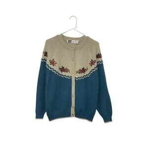 VTG Lucia Floral Sweater Cardigan Embroidery  Large Petite Cottagecore Grandma